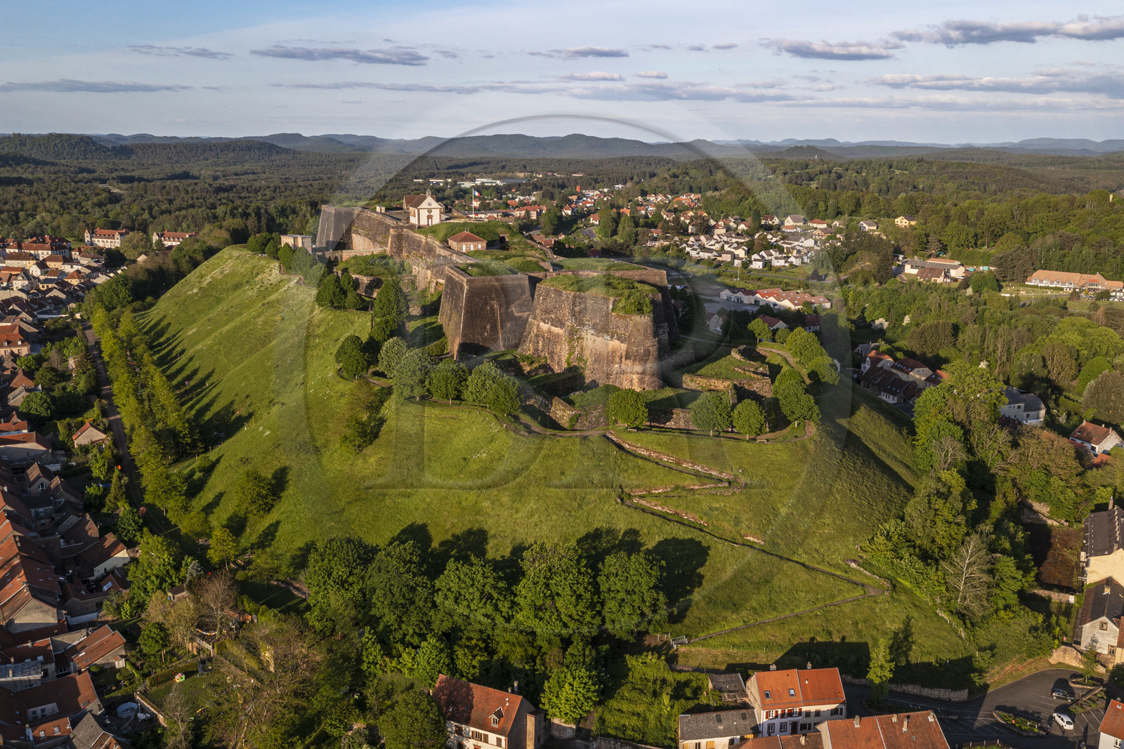 France, Moselle, Parc regional des Vosges du nord (Northern Vosges Regional Natural Park), Bitche, the citadel fortified by Vauban (aerial view)