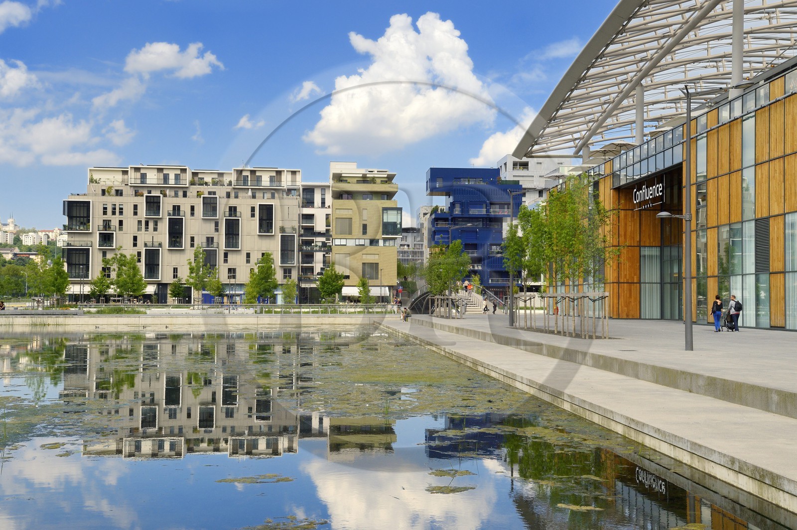 France, Rhone, Lyon, La Confluence new district in the South of the Presqu'ile (Peninsula), water garden Jean Couty, Confluence mall and residential buildings in the background