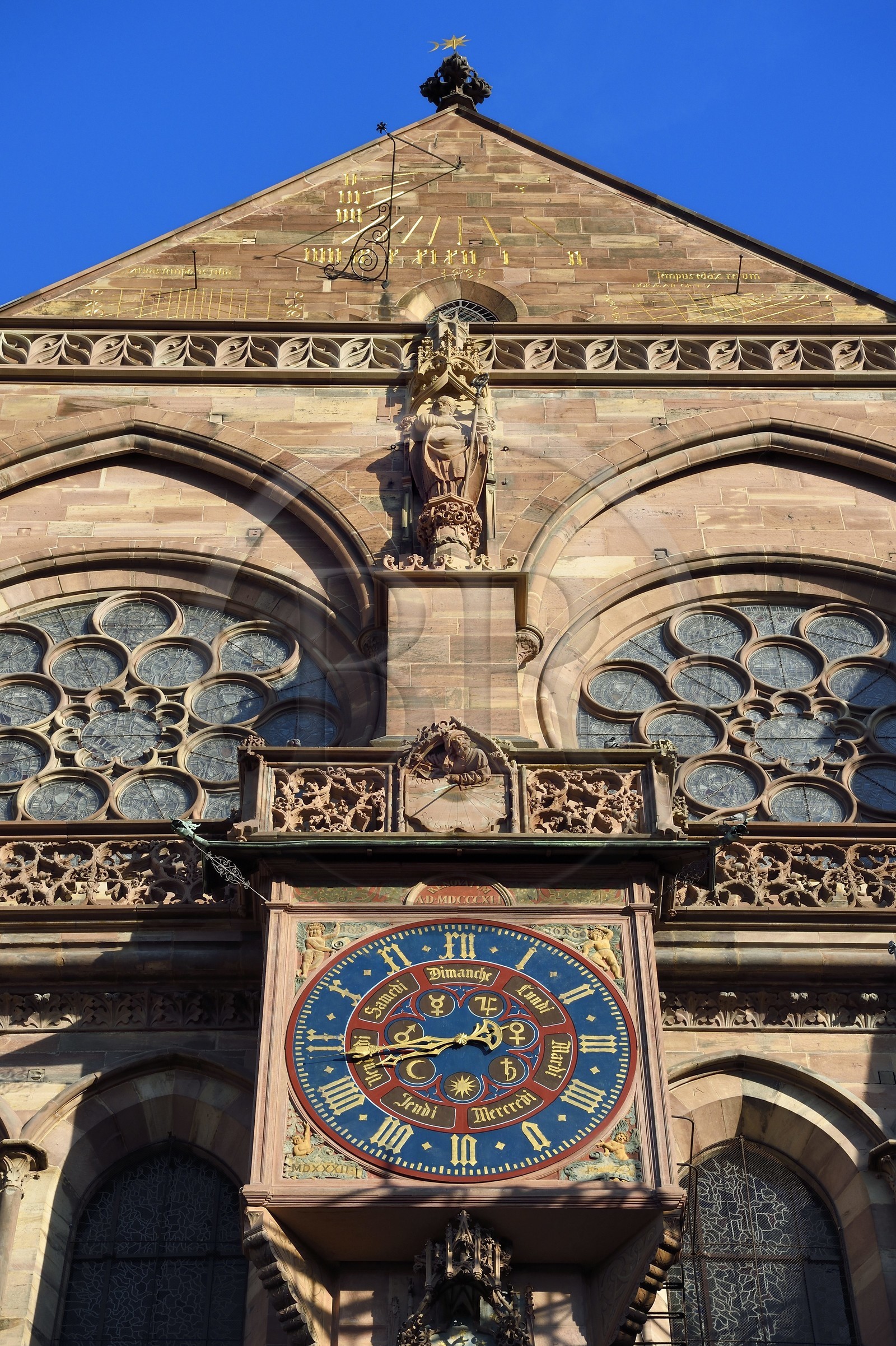 France, Bas Rhin, Strasbourg, old town listed as World Heritage by UNESCO, Notre Dame Cathedral, southern facade, over the south transept portal called of the Judgment Day, statue of Saint Arbogaste, one of the holy patron of Alsace, above the astrologer who looks at a sundial (15th century)