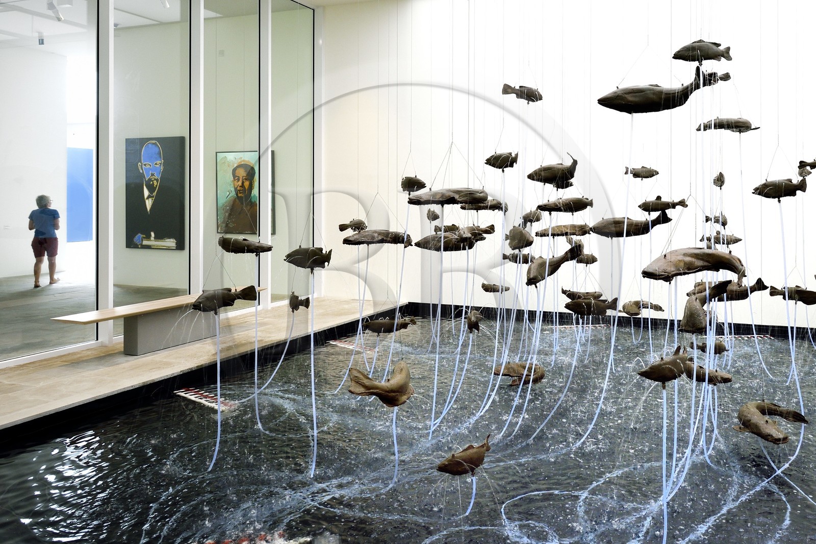 France, Var, Iles d'Hyeres, Parc National de Port Cros (National park of Port Cros), Porquerolles island, Fondation Carmignac, One Hundred Fish Fountain (2005) by Bruce Nauman, Lenin (1986) and Mao (1973) by Andy Warhol in the background