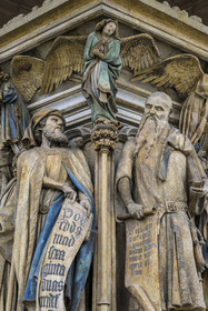 France, Cote d'Or, Dijon, area listed as World Heritage by UNESCO, Chartreuse de Champmol, the Well of Moses from 1395-1405, a masterpiece by the Flemish sculptor Claus Sluter, remains of a Calvary in the center of the large cloister, statue of the prophets Daniel on the left and Isaiah on the right