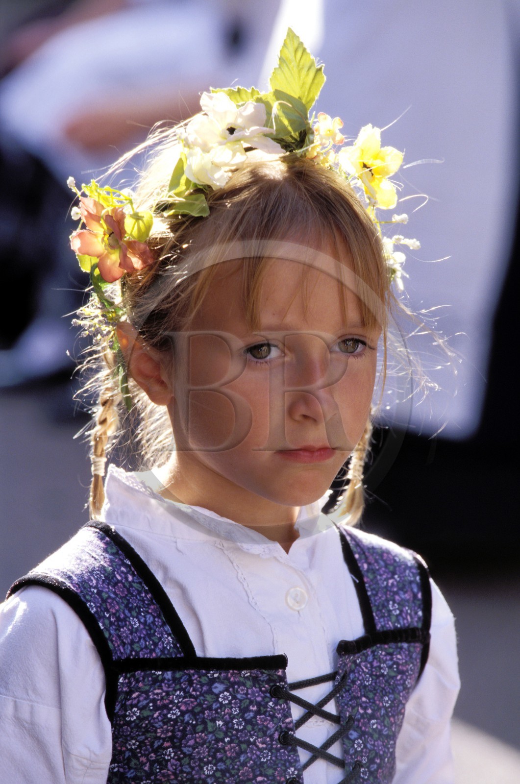 France, Haut Rhin, Eguisheim village, labelled Les Plus Beaux Villages de France (The Most Beautiful Villages of France), wine celebration, young girl in traditional costume and crown