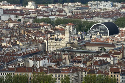 France, Rhone, Lyon, historical site listed as World Heritage by UNESCO, the City Hall on the Place des Terreaux and the Opera modern black roof in the background