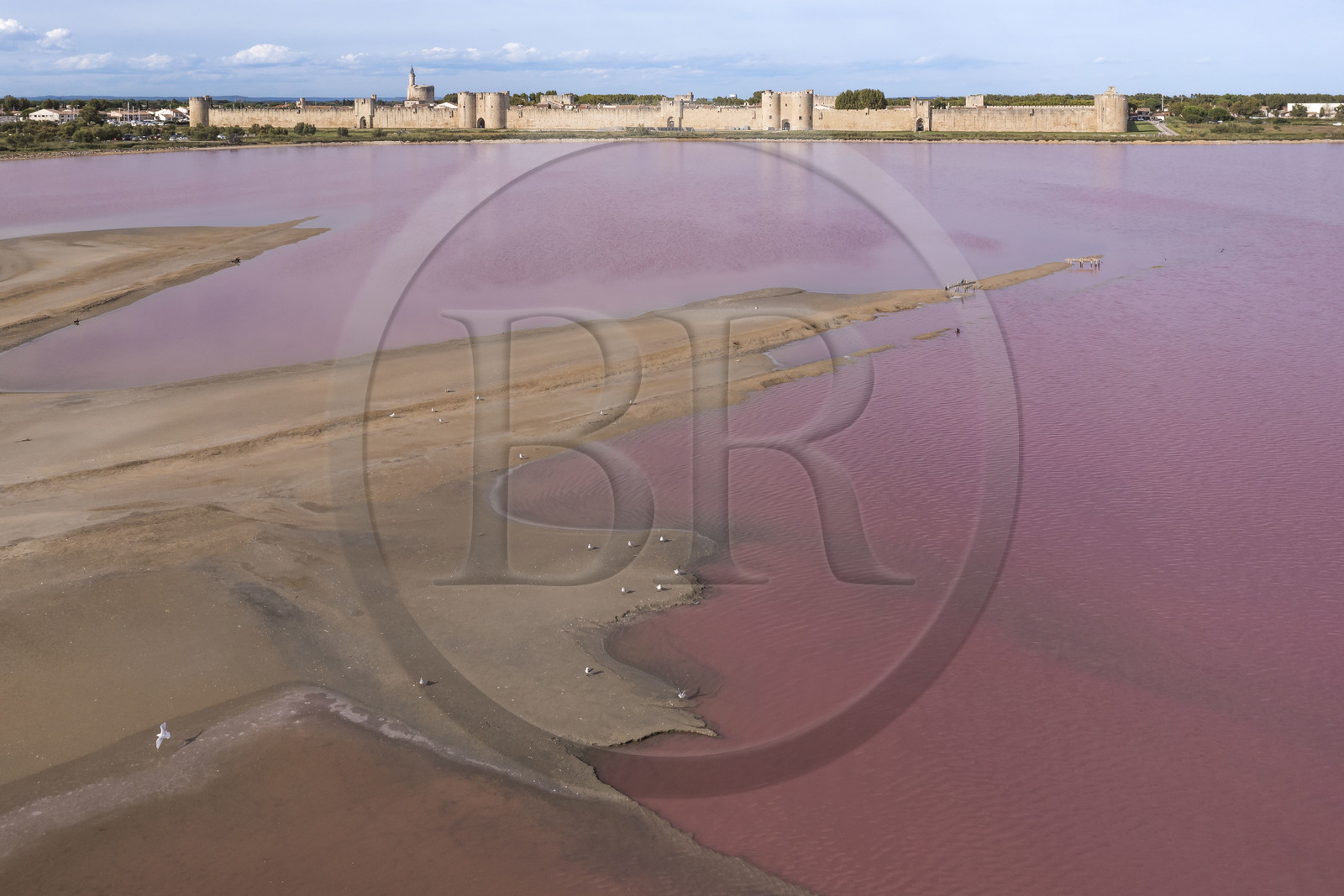 France, Gard (30), Aigues-Mortes, la ville médiévale entourée par ses remparts en bordure des marais salants (Salins du Midi) (vue aérienne)