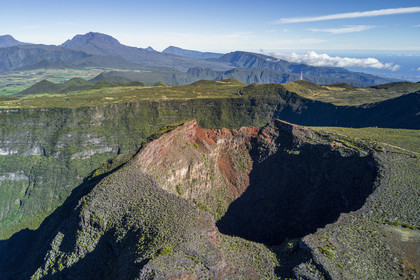 France, Reunion island (French overseas department), Reunion National Park listed as World heritage by UNESCO, Commerson Crater on the slopes of Piton de la Fournaise volcano and the old Piton des Neiges volcano in the background (aerial view)