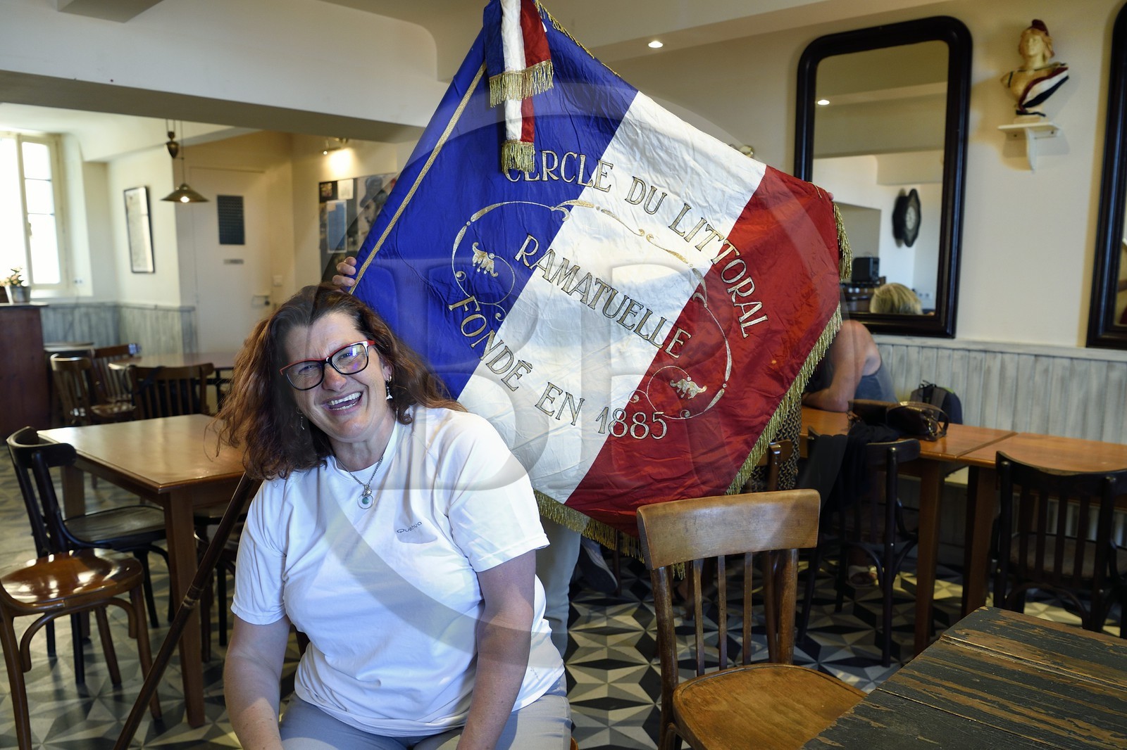 France, Var, Presqu'ile de Saint-Tropez, Ramatuelle, place Gabriel Péri in the heart of the old village, the Cercle du littoral (associative Café), its president Claude Clérici