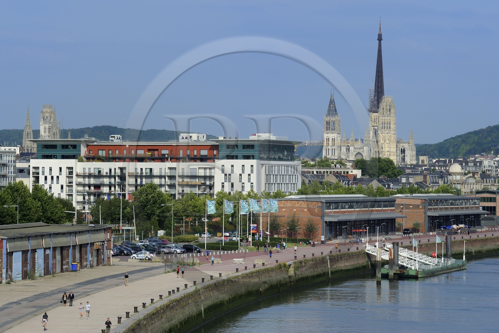 France, Seine Maritime, Rouen, the former docks on the Seine banks and Notre Dame cathedral