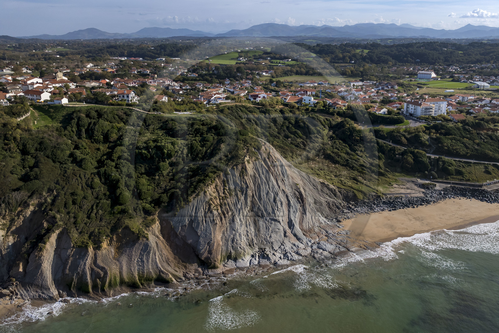 France, Pyrenees Atlantiques, Basque Country coast at Bidart, the beach at the foot of the cliff (aerial view)