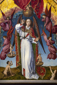 France, Cote d'Or, Beaune, area listed as World Heritage by UNESCO, Hospices de Beaune, Hotel Dieu, Polyptych Room, polyptych of the Last Judgment open, work created in the 15th century by Rogier Van Der Weyden (detail)