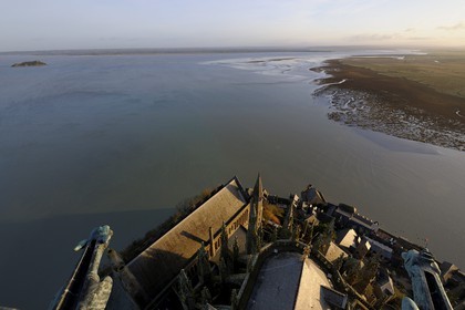 France, Manche, Mont Saint Michel, listed as World Heritage by UNESCO, Apse and the bay seen from the spire at dawn