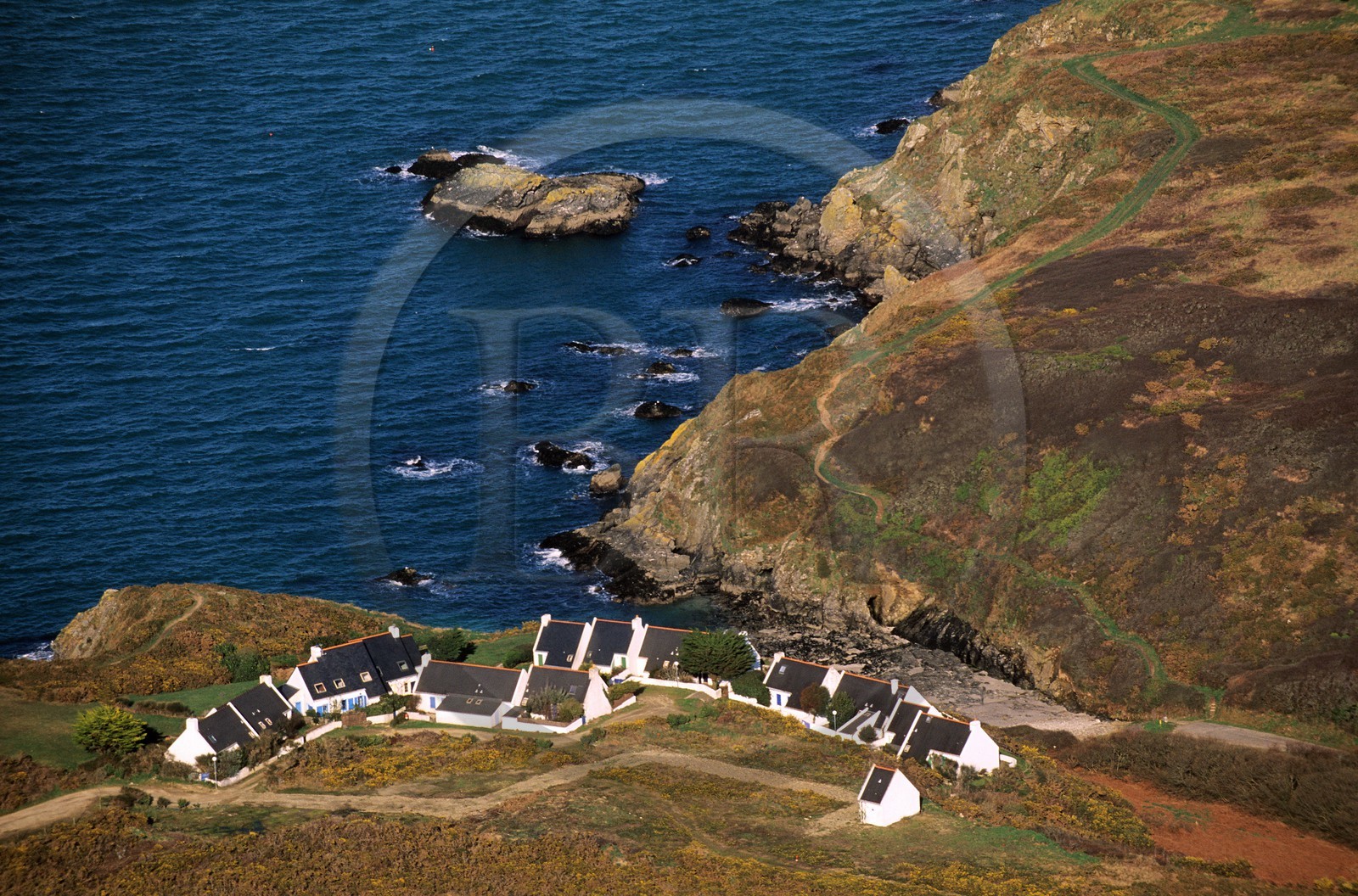 France, Morbihan, Belle Île Island, Houses at the Cardinal Headland near Sauzon (Aerial View)