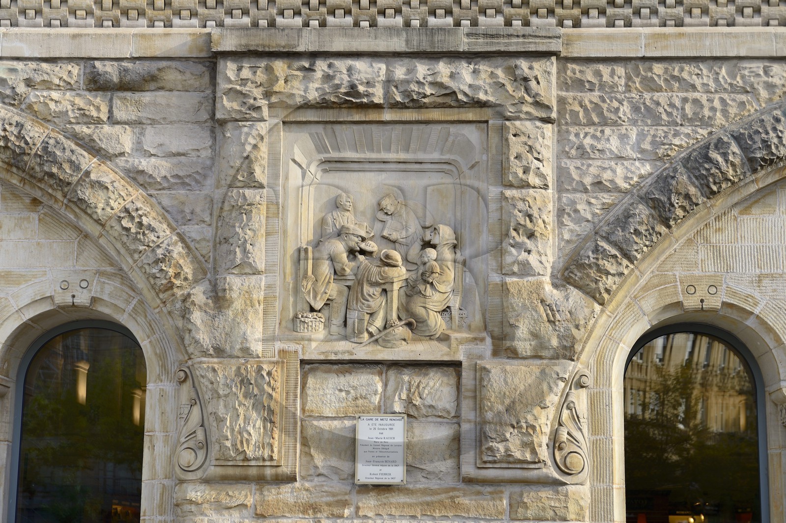 France, Moselle, Metz, Imperial district, railway station, built between 1905 and 1908 by the Berliner architect Jurgen Kruger, bas-relief representing the 3rd class popular train station restaurant