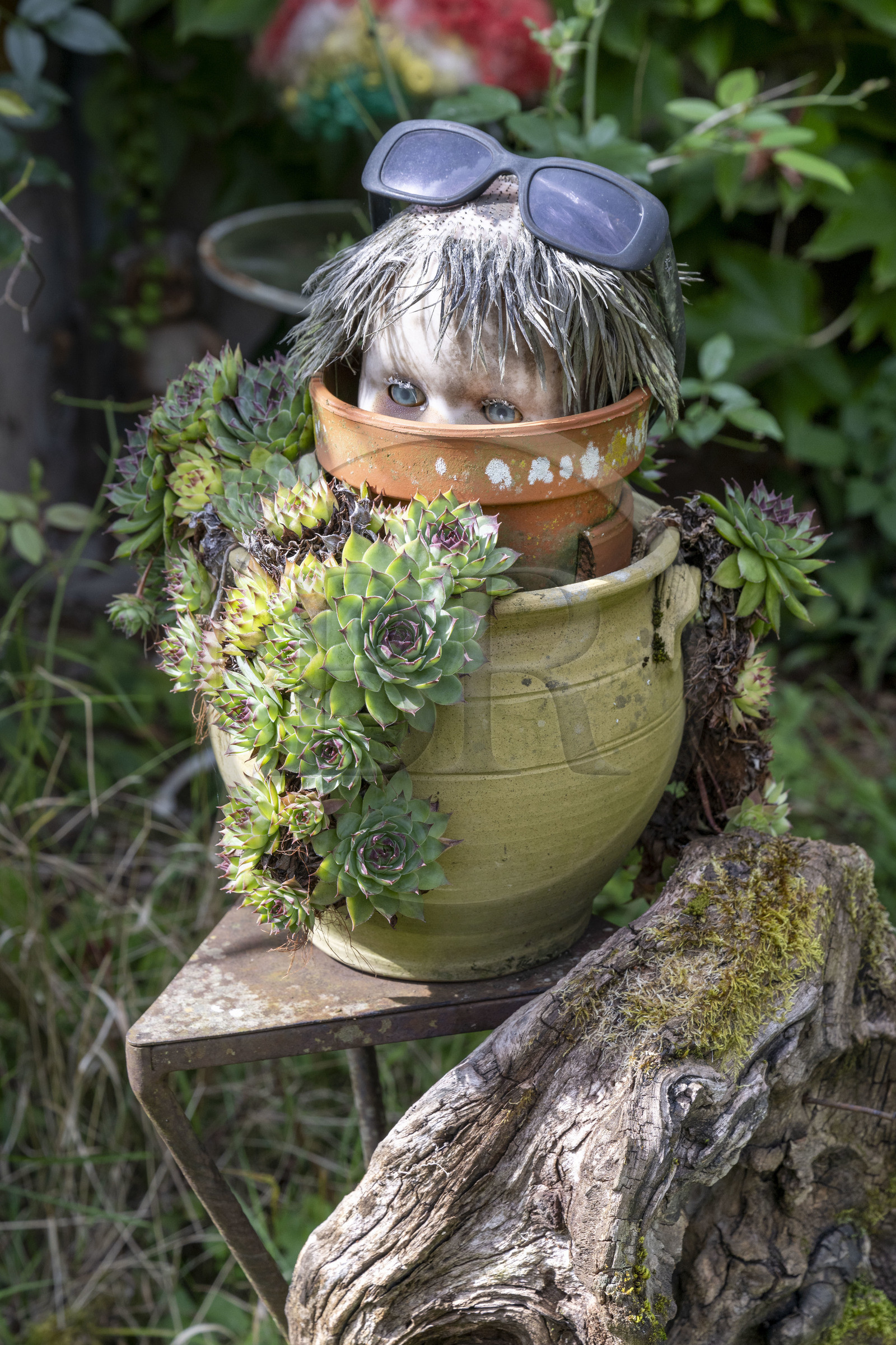 France, Nièvre (58), La Collancelle, composition avec tête de poupée dans le jardin d'une maison d'éclusier