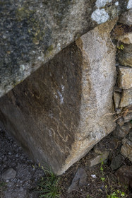 France, Finistère, Morlaix bay, Kernehelen peninsula, 6000 years old Cairn of Barnenez, corridor dolmen, horn-shaped symbols (3900 BC) at the entrance to chamber A