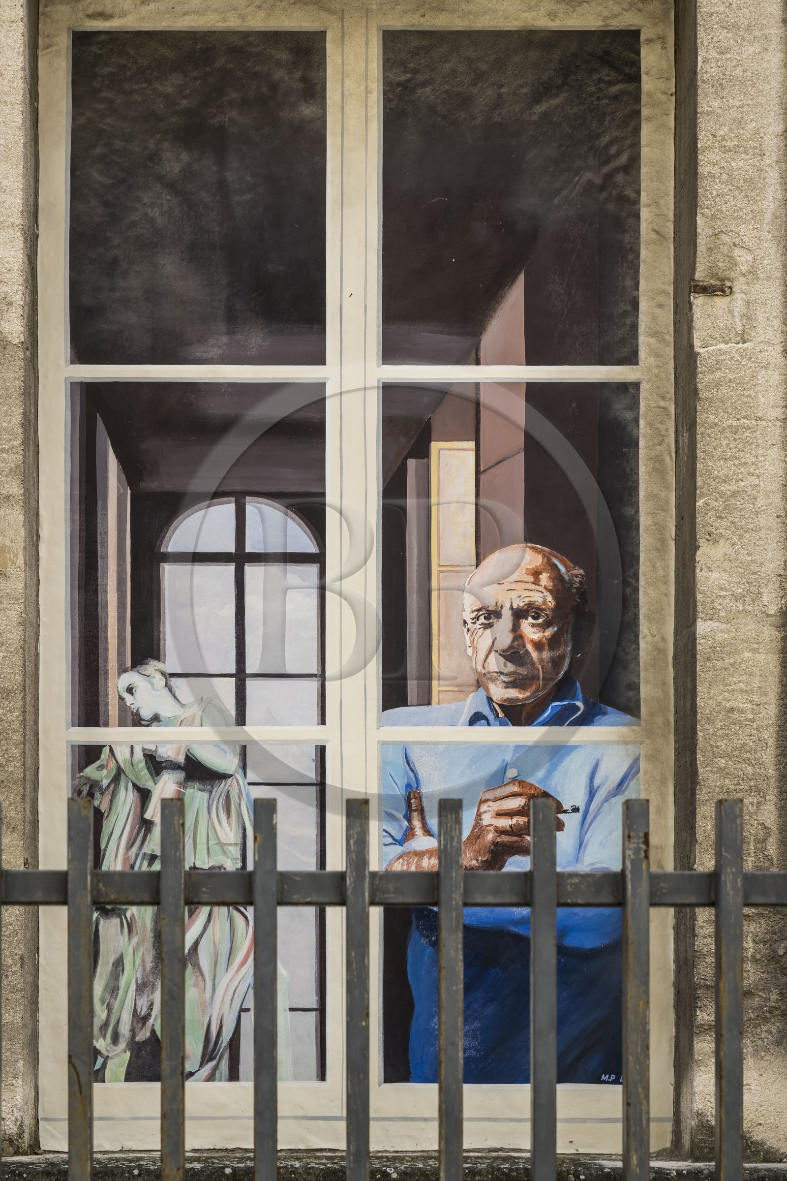 France, Vaucluse (84), Avignon, une des peintures murales en trompe-l'oeil de Fenêtres du Festival réalisée par Dominique Durand et Marion Pochy, Onirocri Exposition Picasso (1973) rue Corneille