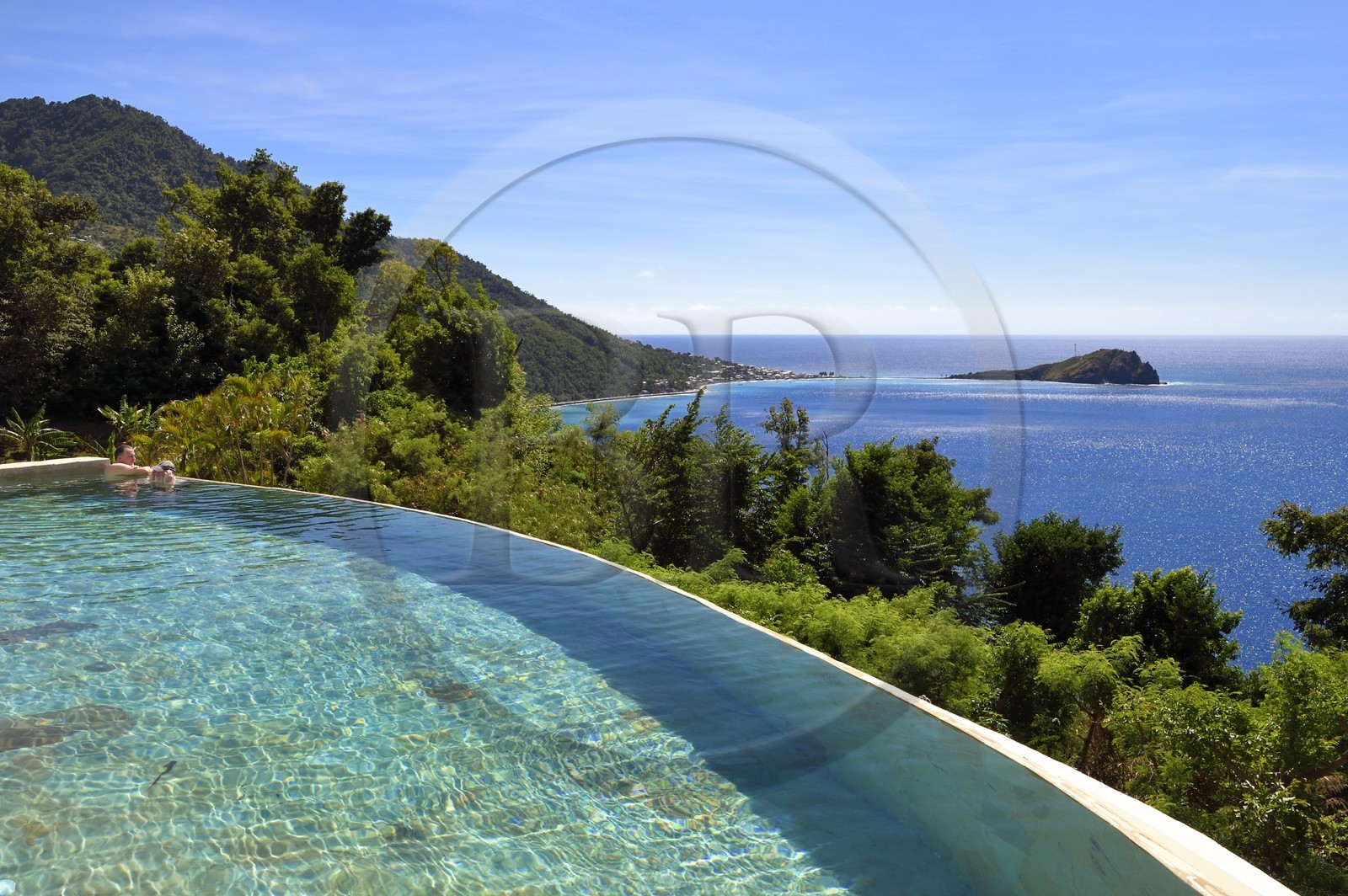 Caribbean, Dominica Island, Soufriere Bay, Soufriere, Jungle Bay hotel overflowing swimming pool