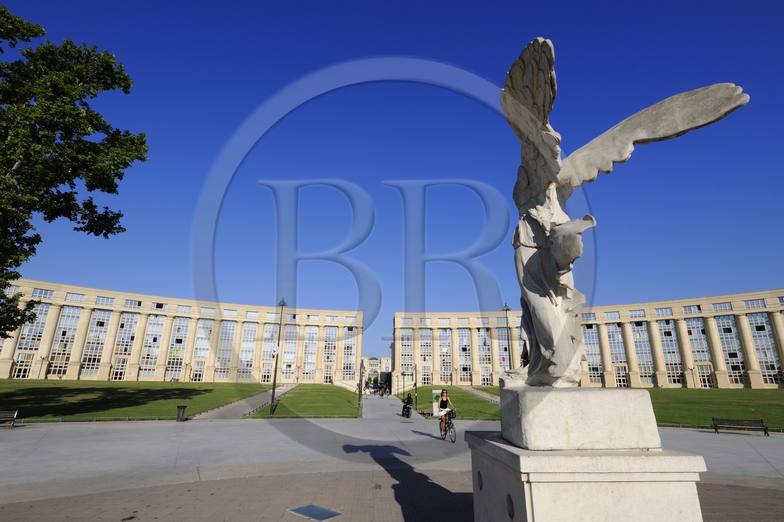 France, Herault, Montpellier, Antigone District, Esplanade de l'Europe by the architect Ricardo Bofill and the replica of the Winged Victory of Samothrace also called the Nike of Samothrace