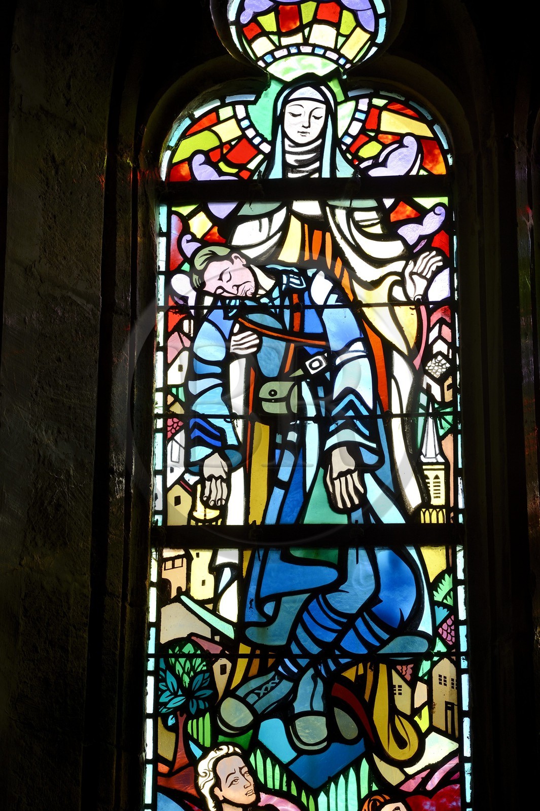 France, Meuse, Lorraine Regional Park, Cotes de Meuse, Hattonchatel, Collegiate Saint-Maur Church, Stained glass depicting a soldier of the First World War in the arms of the Virgin