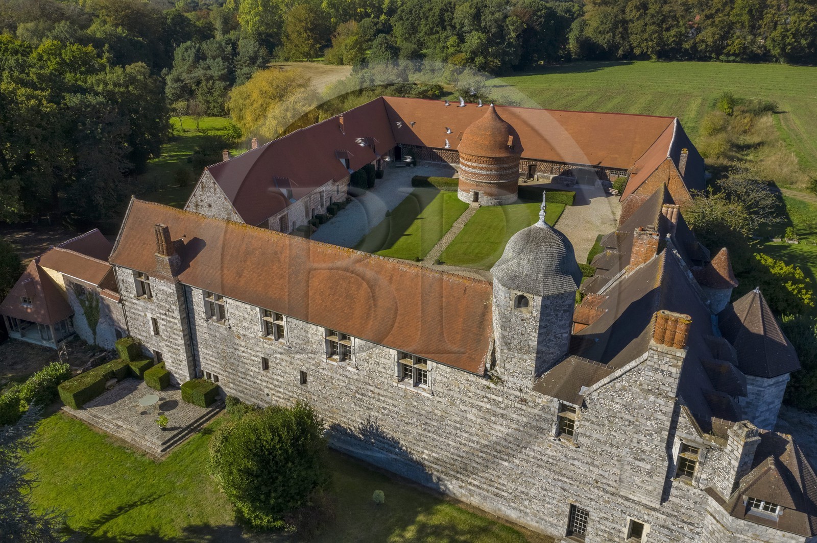 France, Seine Maritime, Cote d'Albatre (Alabaster Coast), Pays de Caux, Varengeville sur Mer, the Manoir d'Ango (Ango Manor) and its dovecote (aerial view)