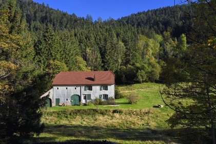 France, Vosges (88), Le Valtin, village de la haute-vallée de la Meurthe, facade de ferme recouverte de tavaillons ou ancelles de bois servant à la protection contre les intempéries