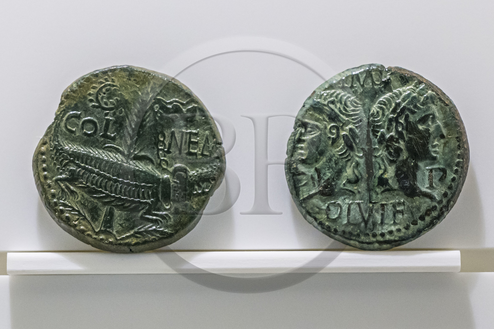 France, Gard, Nimes, Romanity museum (Musée de la Romanite), bronze coin Dupondius said As de Nimes around 10-15 AD., with on the right the profiles of Agrippa and Tiberius and on the reverse the crocodile chained to the palm