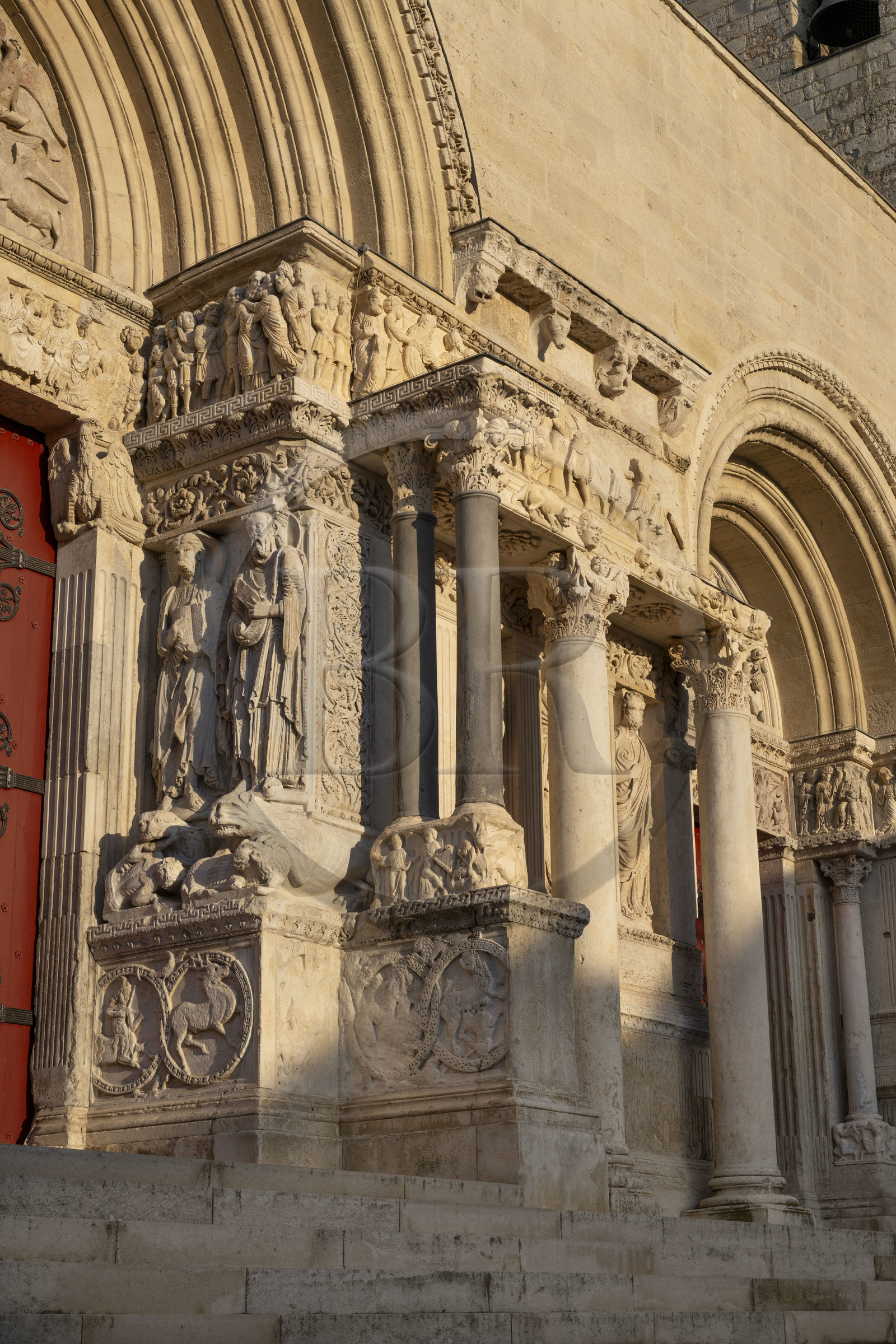 France, Gard, Saint Gilles du Gard, 12th-13th century Abbey Church of Saint-Gilles, classified as World Heritage by UNESCO under the routes to Santiago de Compostela in France, sculptures of the eastern facade of Provencal Romanesque style