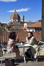 Italy, Tuscany, Florence, listed as World Heritage by UNESCO, the Duomo Santa Maria del Fiore seen from the Hospital of the Innocent café (Spedale degli Innocenti)