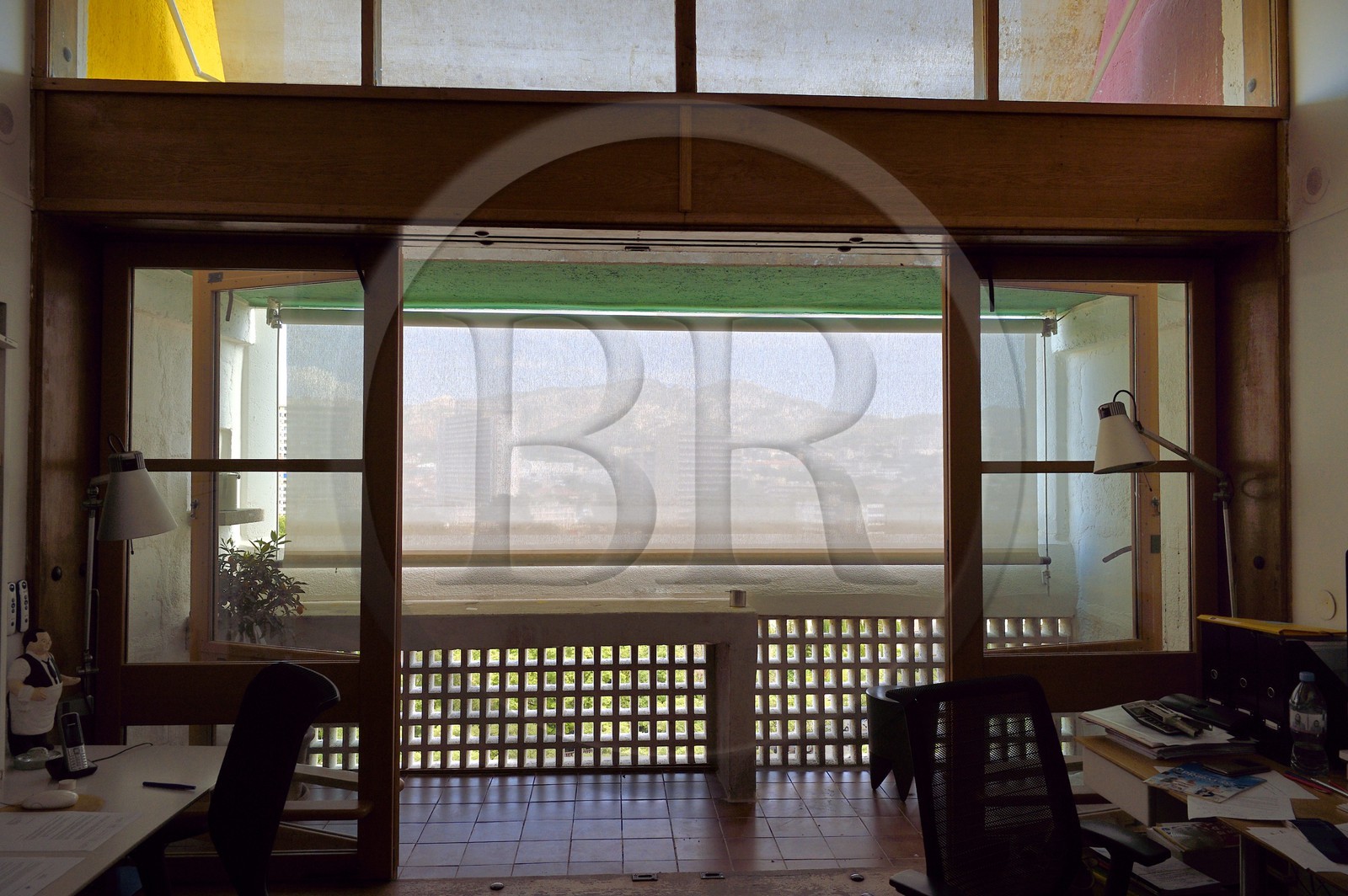 France, Bouches du Rhone, Marseille, architectural work of Le Corbusier, listed as World Heritage by UNESCO, Cite Radieuse or Radiant City by Le Corbusier, apartment balcony