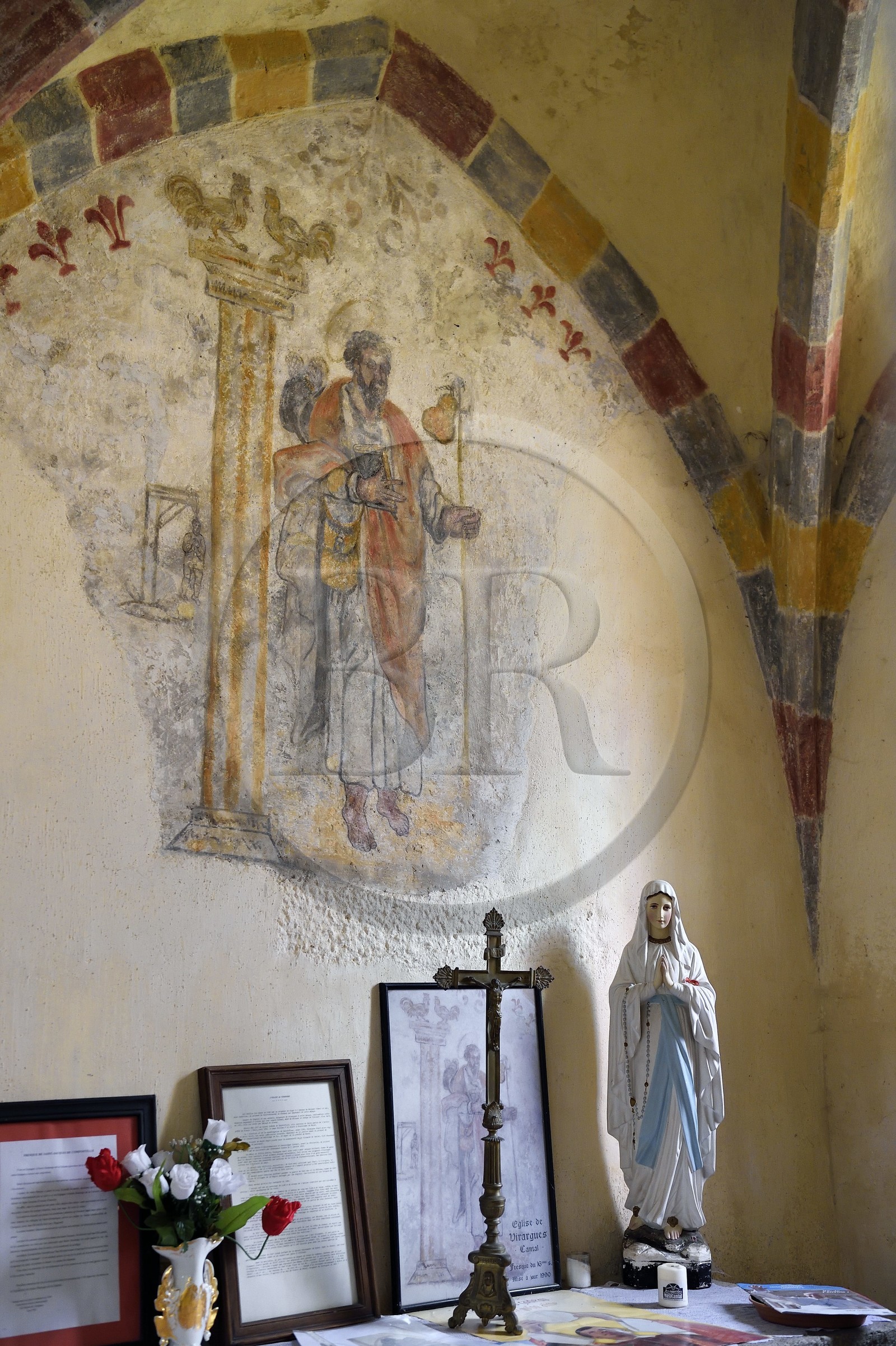 France, Cantal, step on the Way of St. James to Santiago de Compostela by Via Arverna, Virargues, Saint-Jean-Baptiste church, the fresco on the miracle attributed to Saint-Jacques of the hanged man anhanged dates from the 16th century