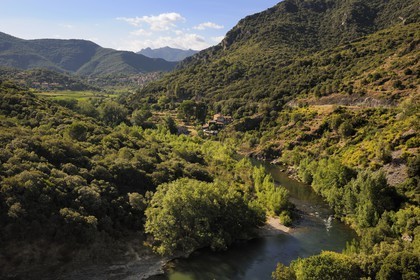 France, Herault, Orb river valley, village of Vieussan in the distance