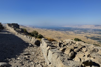 Israel, Northern District, Galilee, Belvoir Fortress is a Crusader fortress hold by the Knights Hospitaller between 1168 and 1189 overlooking the Jordan River valley, the mountains of Jordan in the background