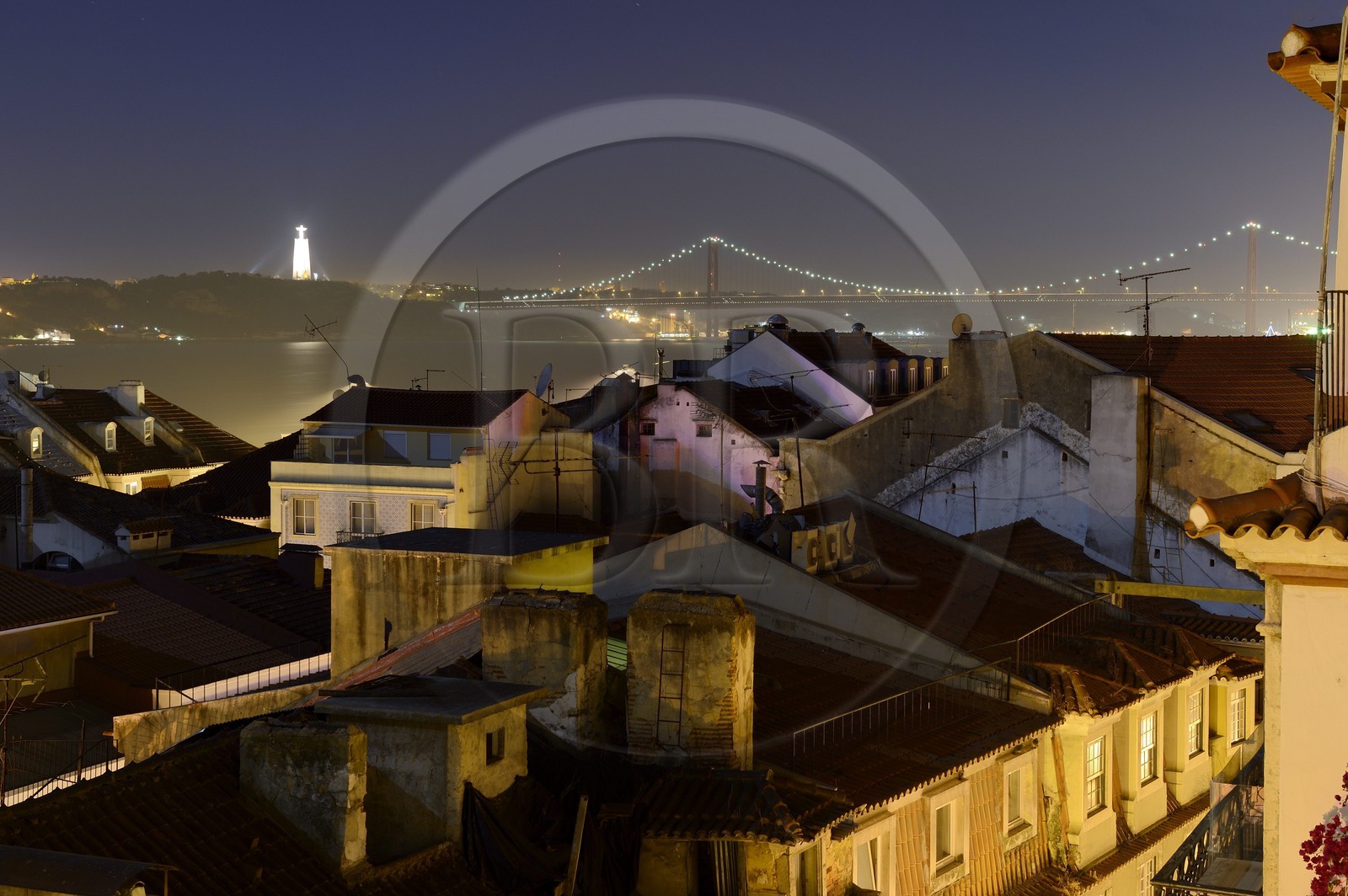 Portugal, Lisbon, Chiado district, view on the south bank of the Tagus river and the 25 de Abril bridge