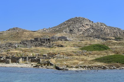 Grèce, île de Delos, classée Patrimoine Mondial de l'UNESCO, site archéologique de Délos, sanctuaire d'Apollon, la plus grande cité antique de la mer Egée