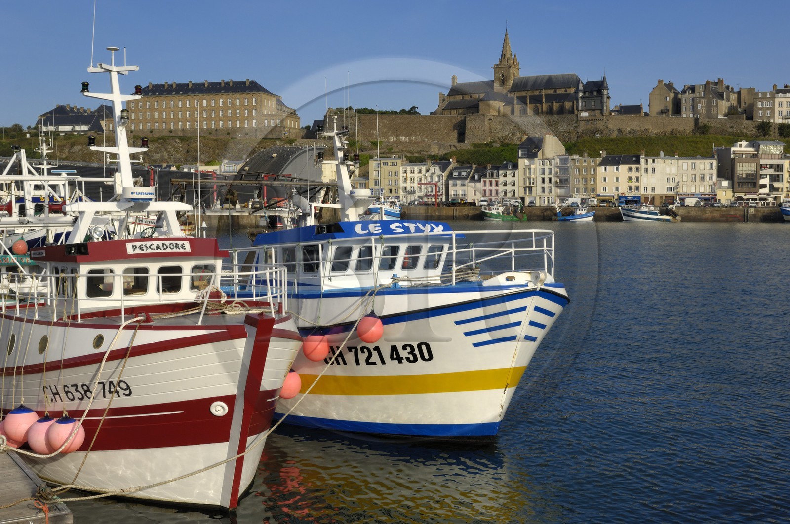 France, Manche, Cotentin, Granville, fishing port, wet dock at the bottom of the Haute Ville (Upper Town)