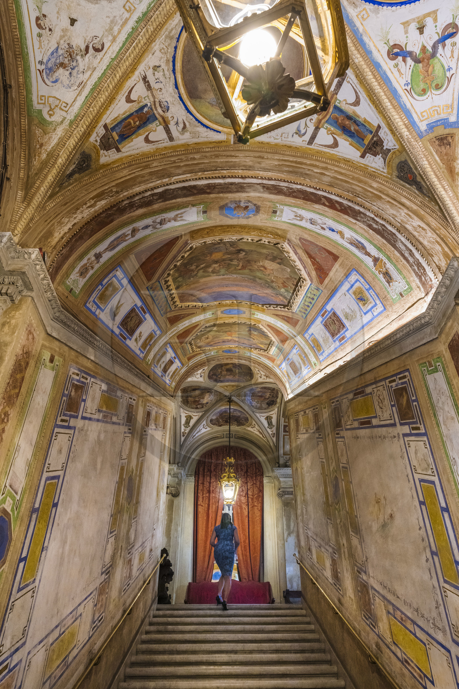 Italy, Liguria, Genoa, Rolli Palace listed as World Heritage by UNESCO, the palazzo Interiano Pallavicino built in 1567, the staircase leading to the first floor decorated with frescoes