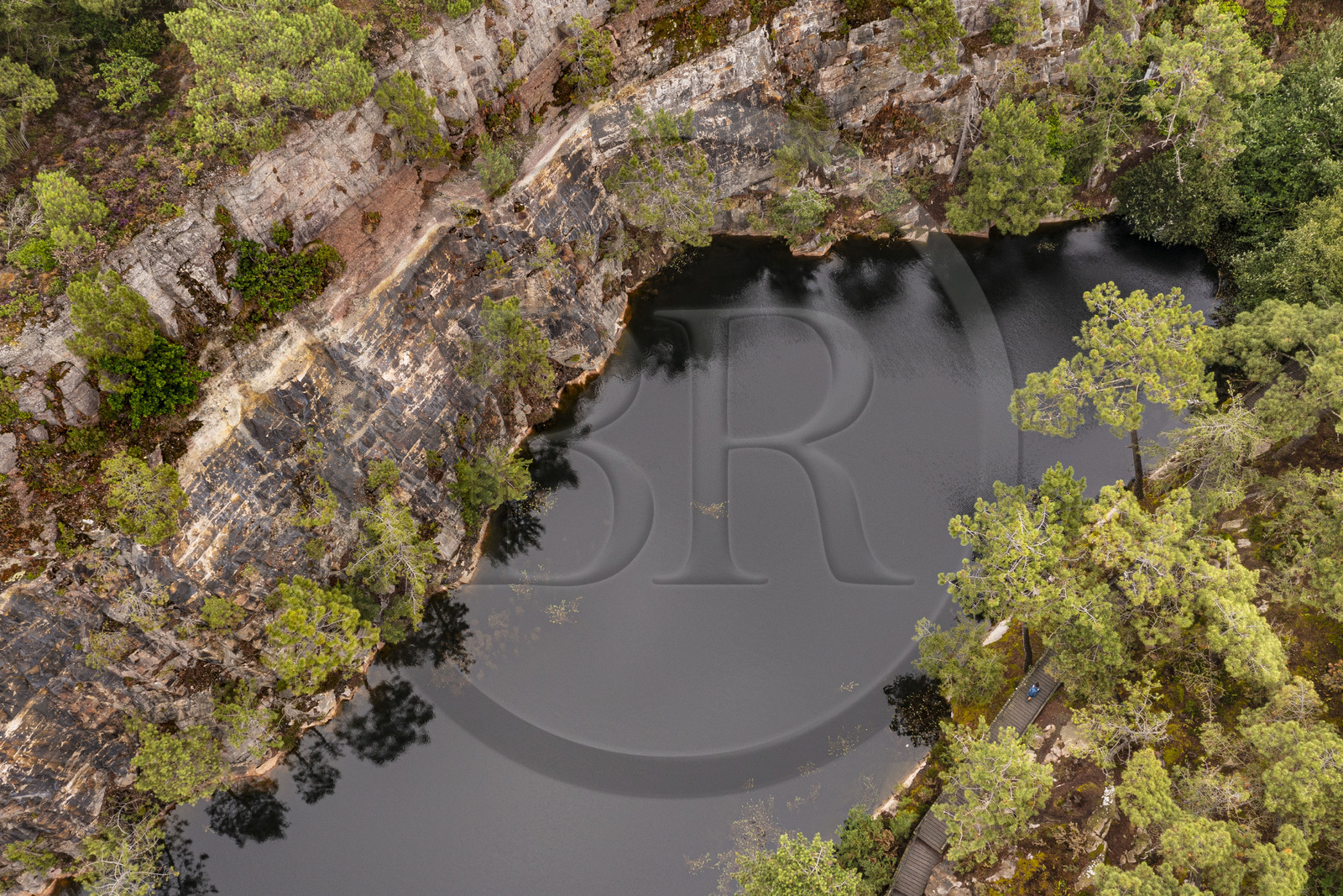 France, Cotes d'Armor, Erquy, the Blue Lakes, remains of ancient pink sandstone quarries, on the GR 34 hiking trail or customs trail (aerial view)