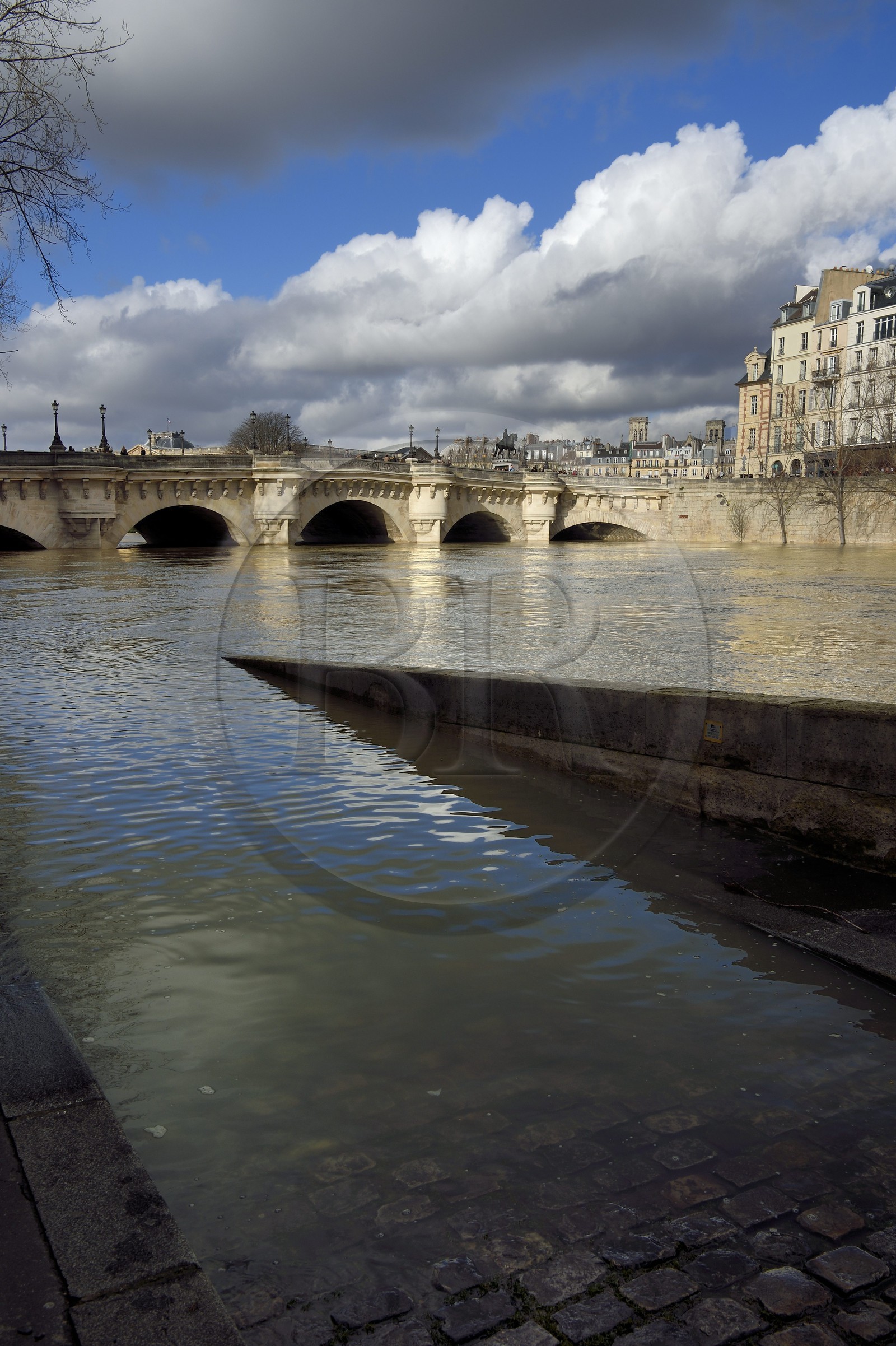 France, Paris (75), les rives de la Seine, classées Patrimoine Mondial de l'UNESCO, la crue de la Seine de janvier 2018, le Pont Neuf et le quai des Orfèvres