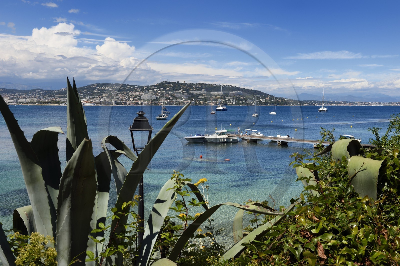France, Alpes-Maritimes (06), Cannes, Iles de Lérins, ponton du port de l'IIe Sainte-Marguerite, vue sur la côte et Cannes