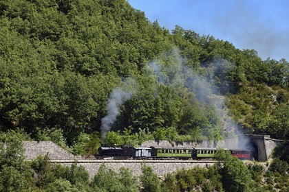 France, Alpes-Maritimes, Alpes de Haute Provence, les scaffarels around Annot, Train des Pignes historic train emerging from a tunnel