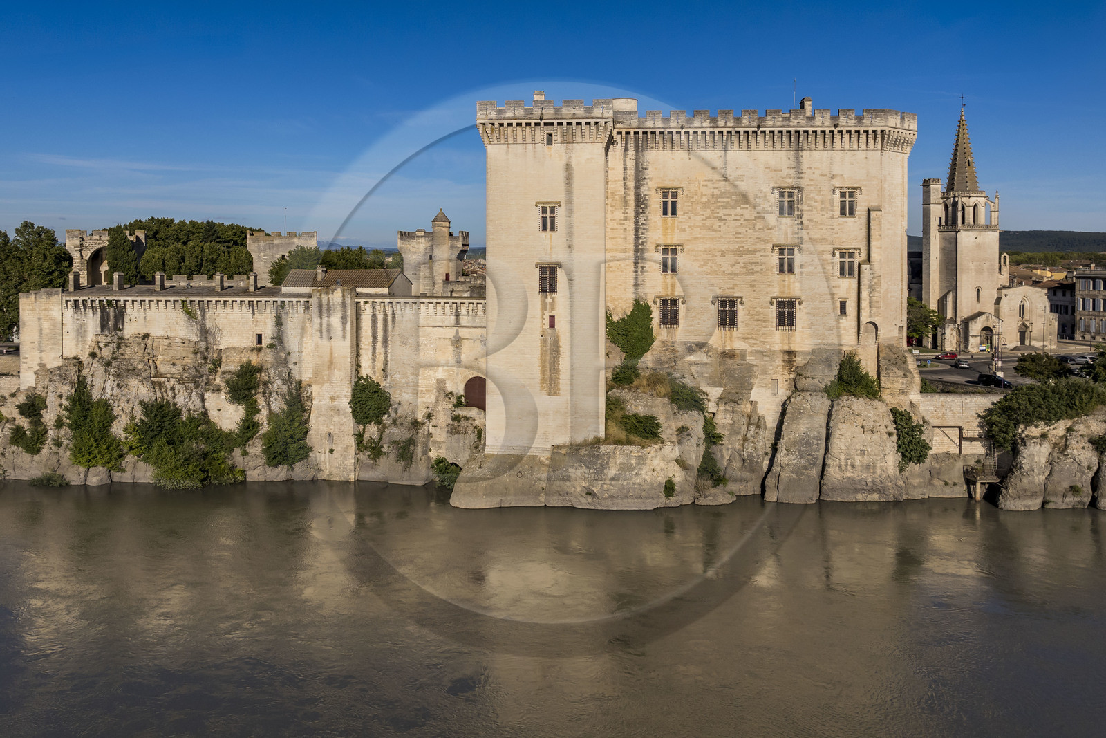 France, Bouches du Rhone, Tarascon, the 15th century castle of King René on the banks of the Rhone river and the royal collegiate church of Sainte-Marthe built in the 11th and 12th centuries (aerial view)
