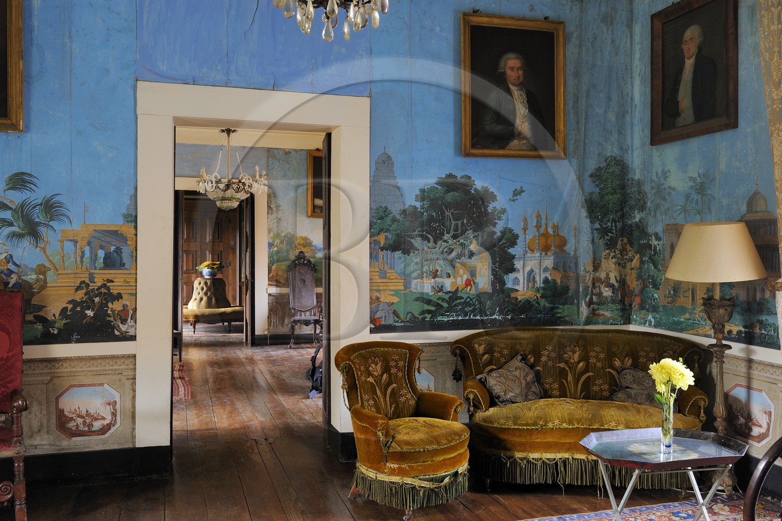 Portugal, Minho region, Guimaraes, Casa de Sezim, winery and hotel, the living room decorated with the original wallpaper (1850) of the manufacture Jean Zuber from Rixheim in Alsace