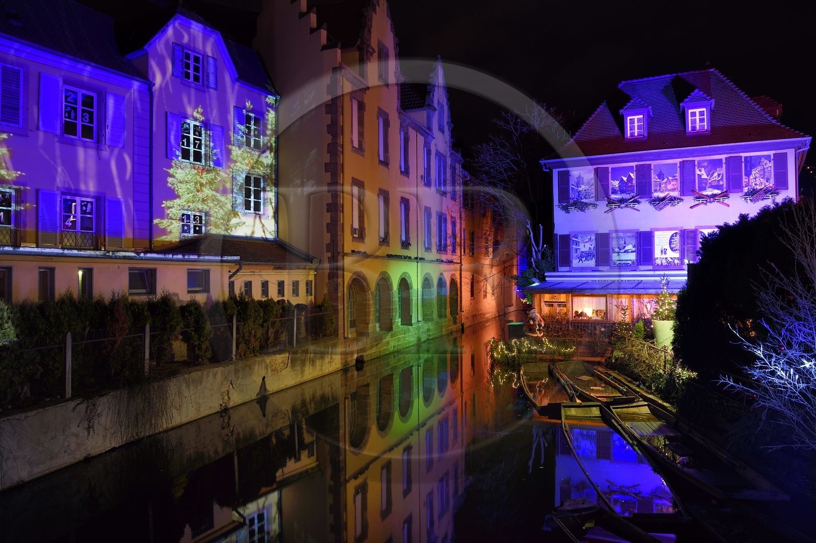 France, Haut Rhin, Colmar, little Venice, district of la Krutenau surrounded by Lauch River and barge at Christmas
