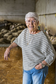 France, Aveyron (12), parc naturel régional des Grands-Causses, Versols-et-Lapeyre, ferme d'Hermilix, l'éleveuse Alice Ricard avec ses brebis Lacaune dont le lait sert pour l'élaboration du roquefort AOP