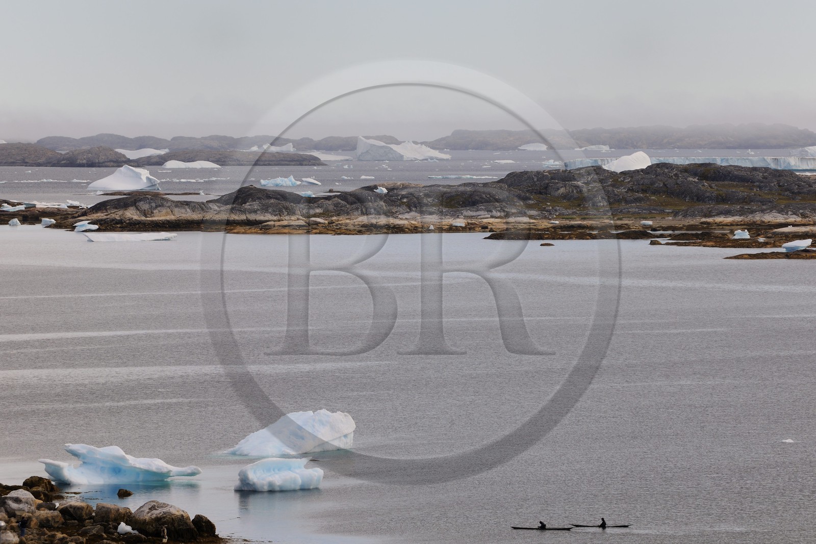 Groenland, fjord de Nanortalik au sud du pays, kayaks progressant entre les icebergs