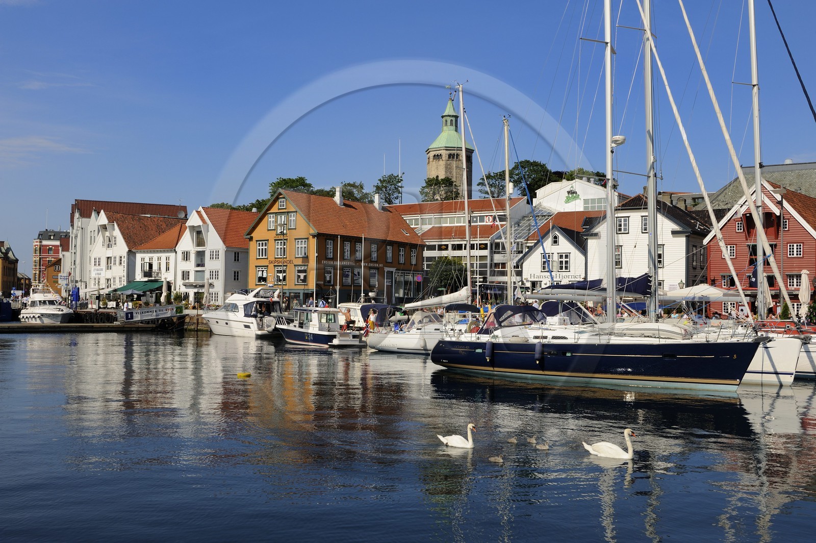 Norway, Rogaland County, Stavanger, pleasure boats and swans in the old harbour (Vagen)