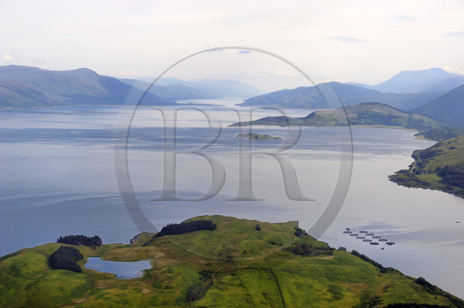 United Kingdom, Scotland, Highland, the Sound of Shuna in Loch Linnhe which extends the Caledonian Canal and Loch Ness, the Isle of Shuna on the foreground (aerial view)