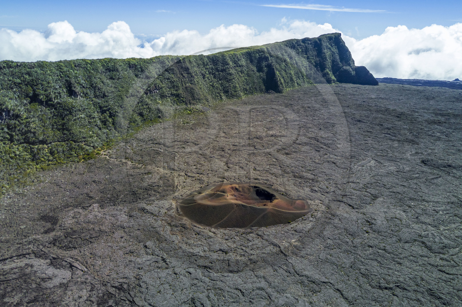 France, Reunion island (French overseas department), Reunion National Park listed as World heritage by UNESCO, Piton de la Fournaise volcano, Formica Léo crater in the caldera and the cliffs of Pas de Bellecombe (aerial view)