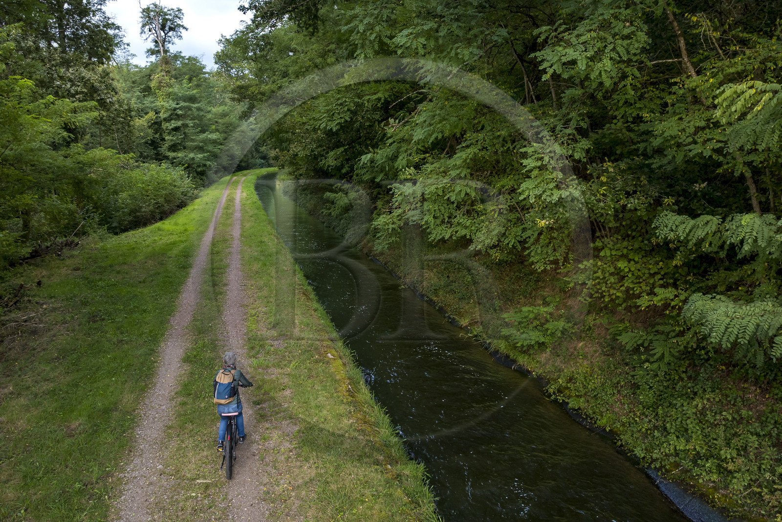 France, Nievre, Regional Natural Park of Morvan, Montigny-en-Morvan downstream from Lake Pannecière, cyclist on the path along the Rigole d’Yonne which draws water from the Yonne at Lake Pannecière and feeds the Nivernais Canal (aerial view)