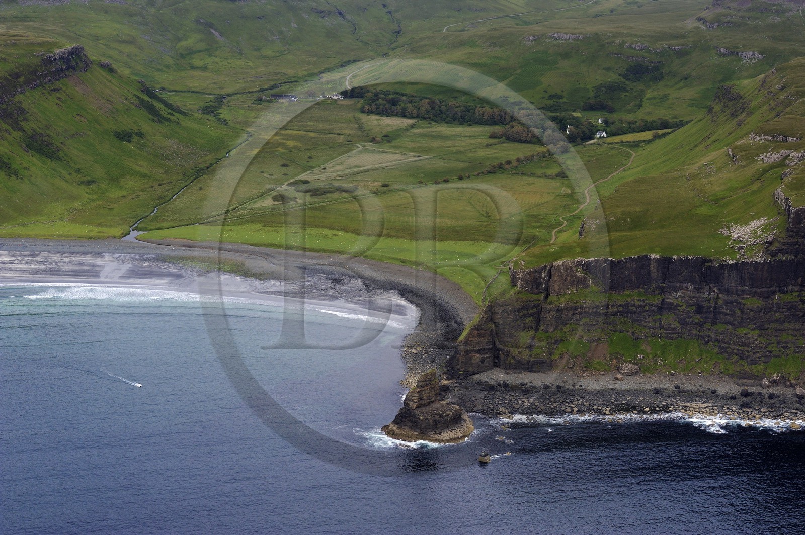 United Kingdom, Scotland, Highland, Inner Hebrides, Isle of Skye, the steep cliffs of the west coast of Minginish Peninsular at Talisker Bay (aerial view)
