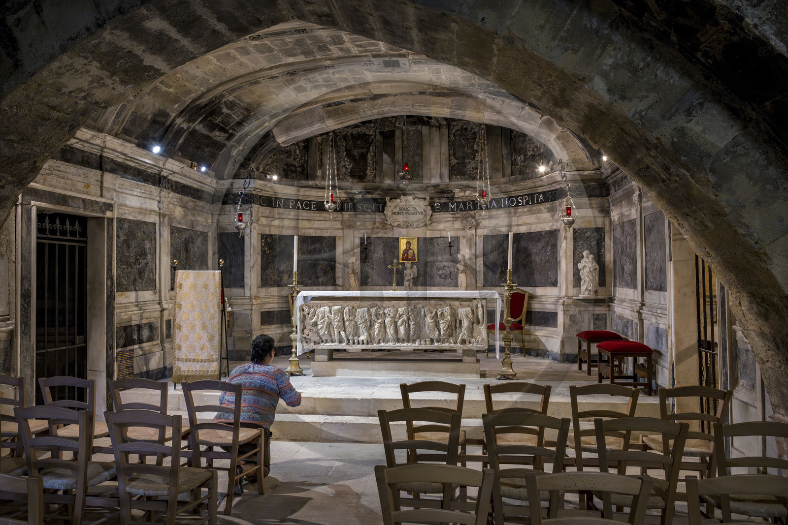 France, Bouches du Rhone, Tarascon, the royal collegiate church of Sainte-Marthe built in the 11th and 12th centuries, the 4th century crypt remodeled in the 17th century, houses  the paleochristian sarcophagus in white marble (from the beginning of the 4th century) which contains the relics of Saint Martha